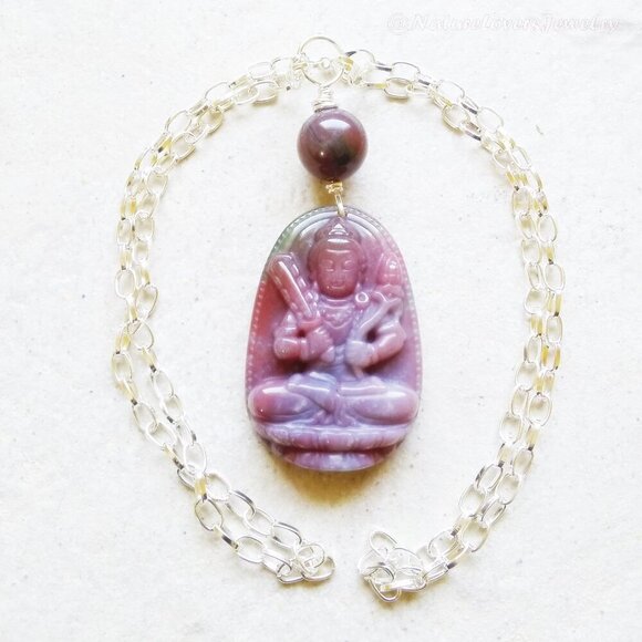 Guanyin ~ Mauve India Agate Amulet Necklace & Earring Set! Quan Yin Buddhism - Picture 5 of 13